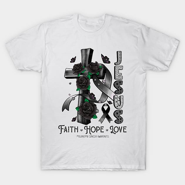 Melanoma Cancer Awareness - Jesus Cross ribbon Faith T-Shirt by StevenPeacock68